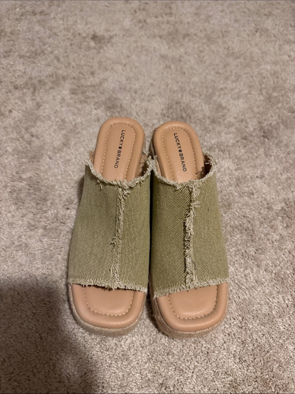 Lucky Brand Olive Green Frayed Slide Wedge Mules